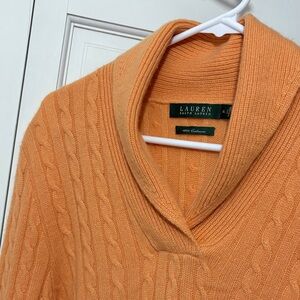 Lauren Ralph Lauren Cashmere Peach  shawl collar V-neck cable Sweater